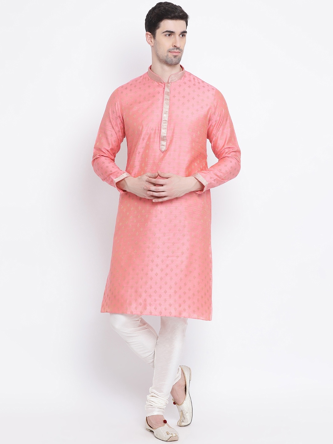 Sanwara Men Pink & White Woven Design Pure Silk Kurta with Churidar