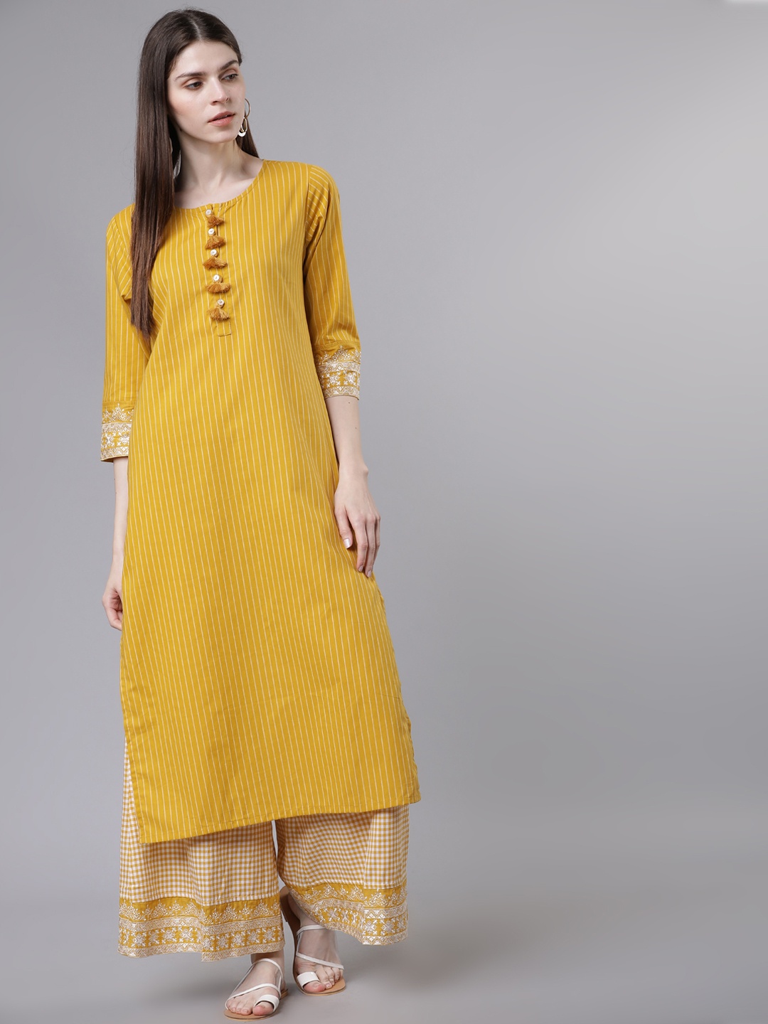 Vishudh Women Mustard Yellow & Off-White Striped Kurti with Palazzos