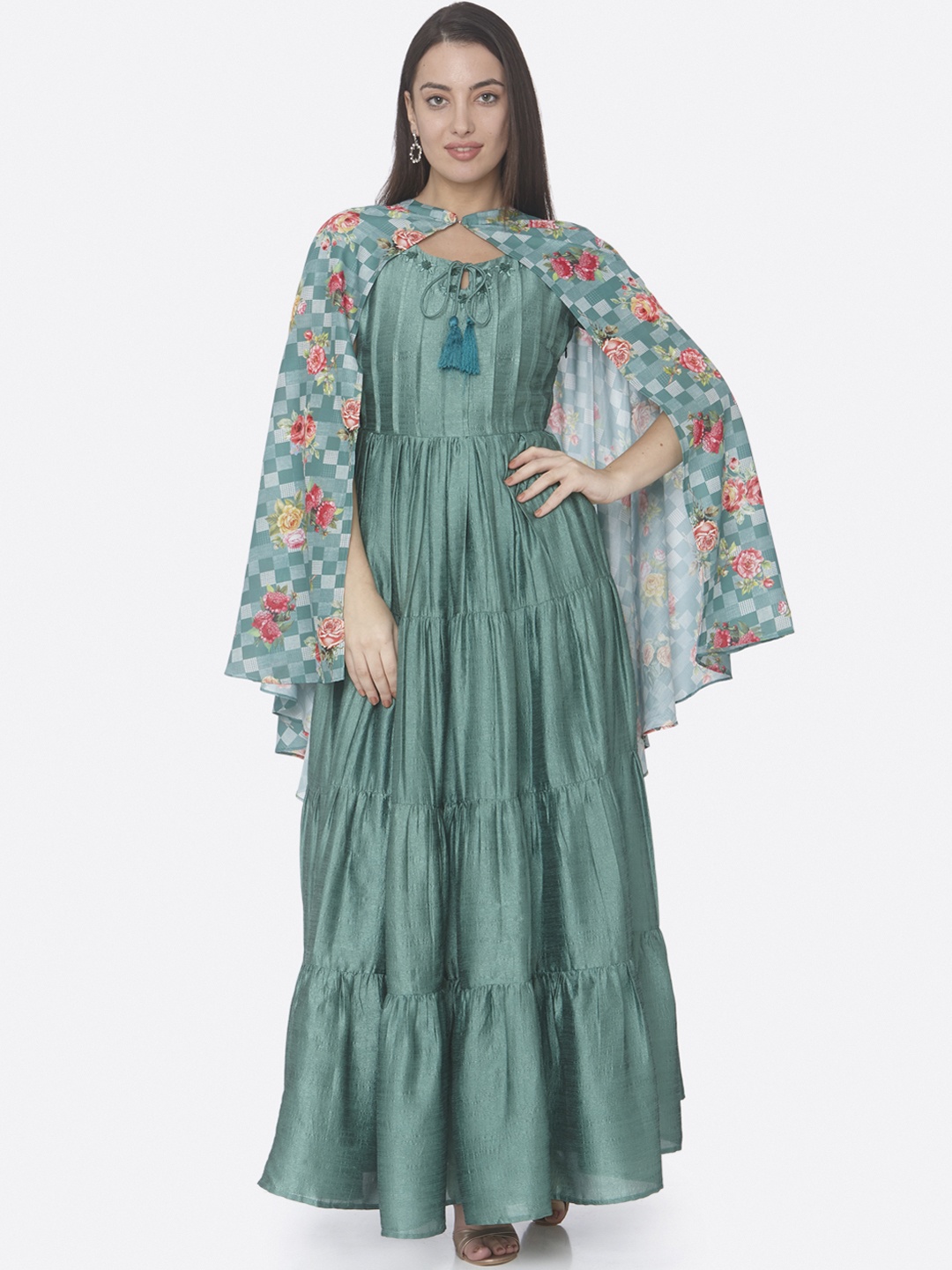 RAISIN Women Green Printed Maxi Silk Dress
