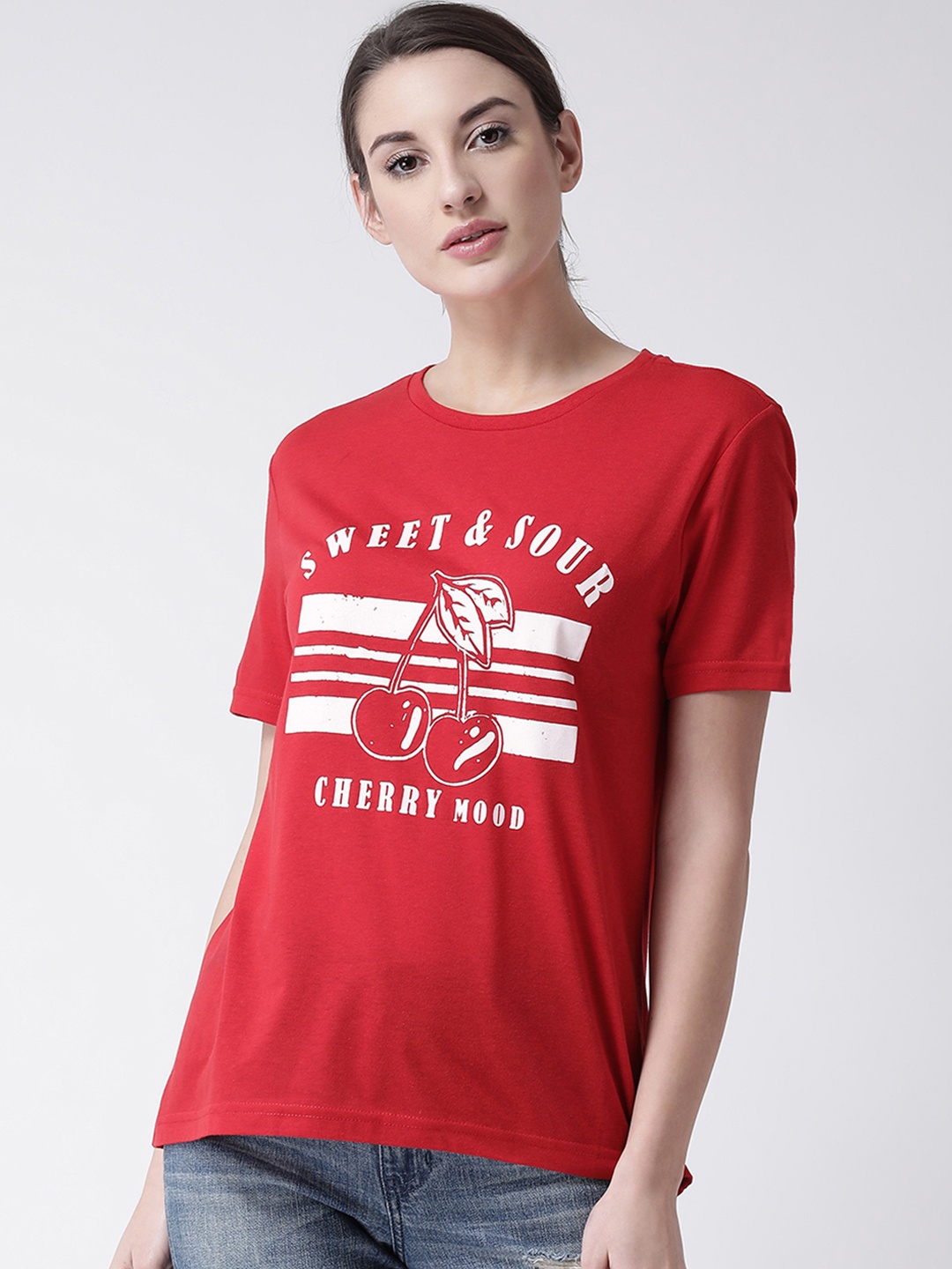 Club York Women Red Printed Round Neck T-shirt