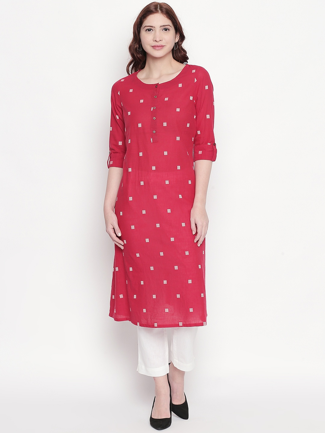 RANGMANCH BY PANTALOONS Women Red & White Embroidered Straight Kurta