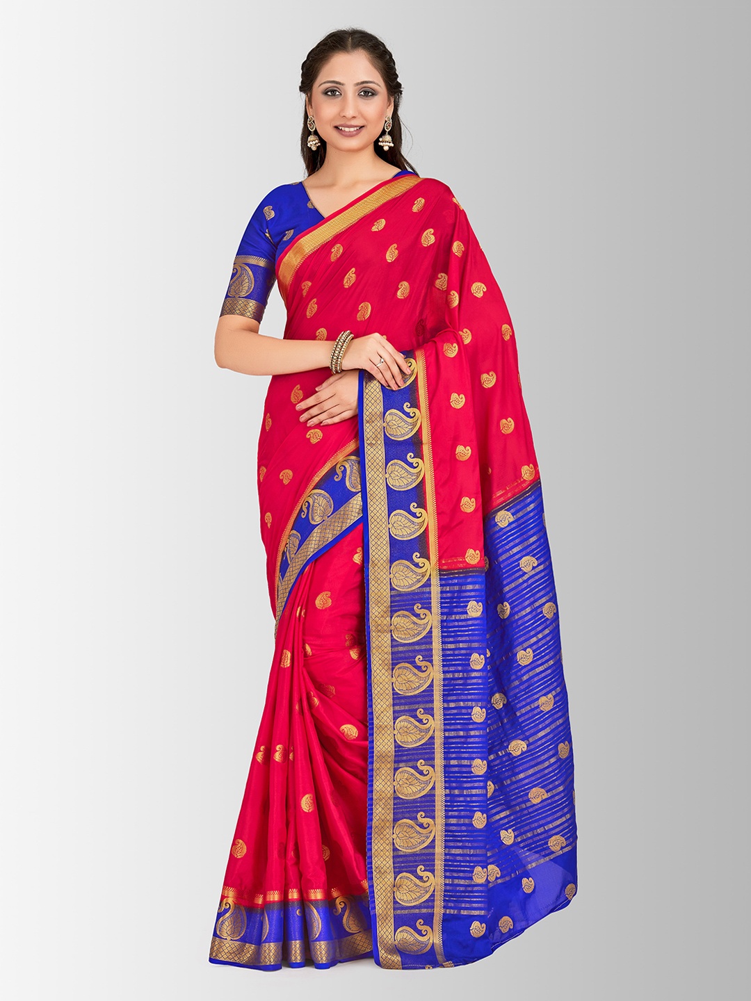 MIMOSA Red & Blue Poly Crepe Woven Design Mysore Silk Saree