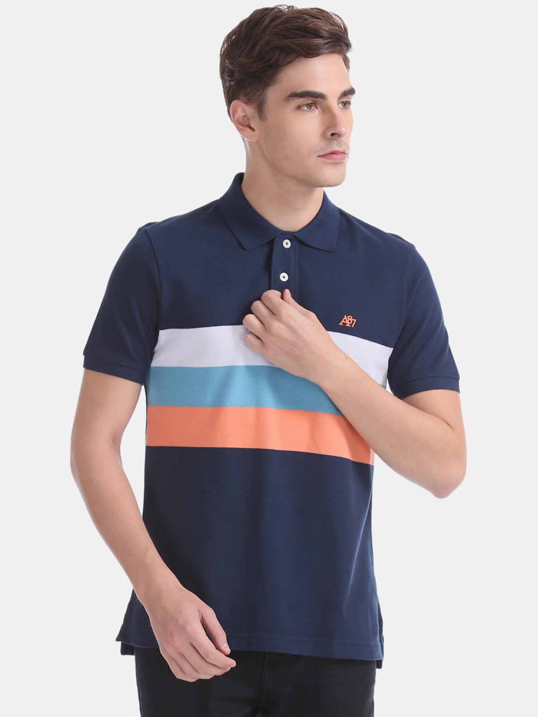 Aeropostale Men Blue Striped Polo Collar Pure Cotton T-shirt
