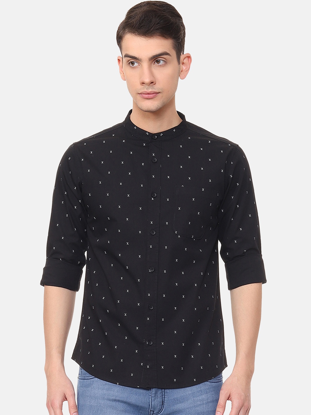 People Men Navy Blue & White Regular Fit Printed Casual Shirt