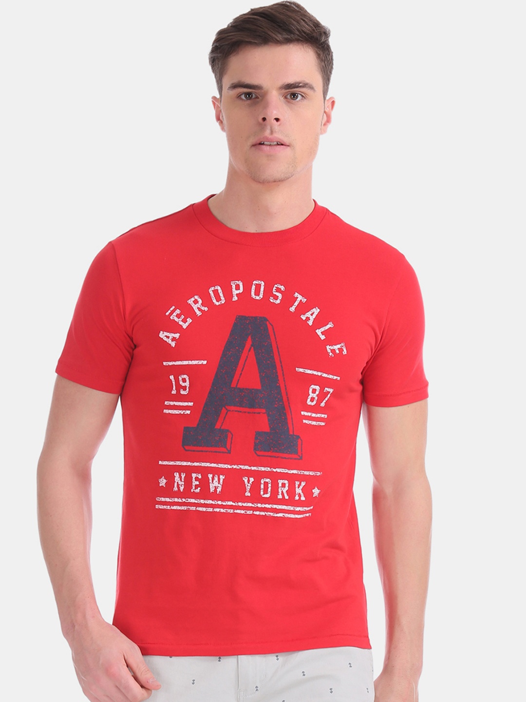 Aeropostale Men Red Printed Round Neck Pure Cotton T-shirt