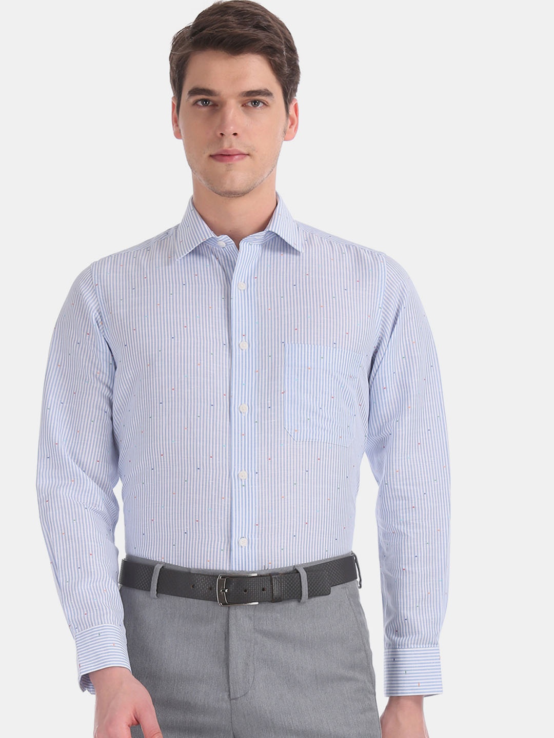 Arrow Men Blue & White Regular Fit Striped Formal Shirt