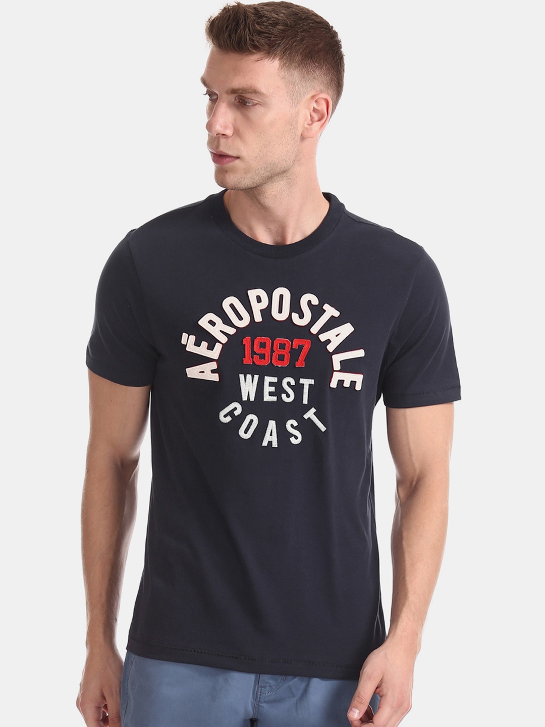 Aeropostale Men Navy Blue Printed Round Neck Pure Cotton T-shirt