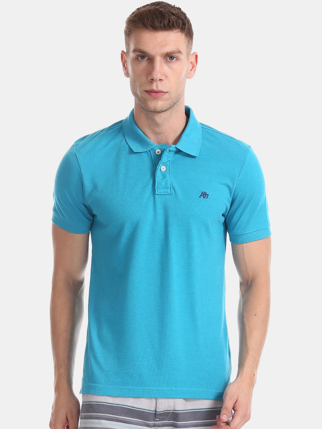 Aeropostale Men Blue Solid Polo Collar T-shirt