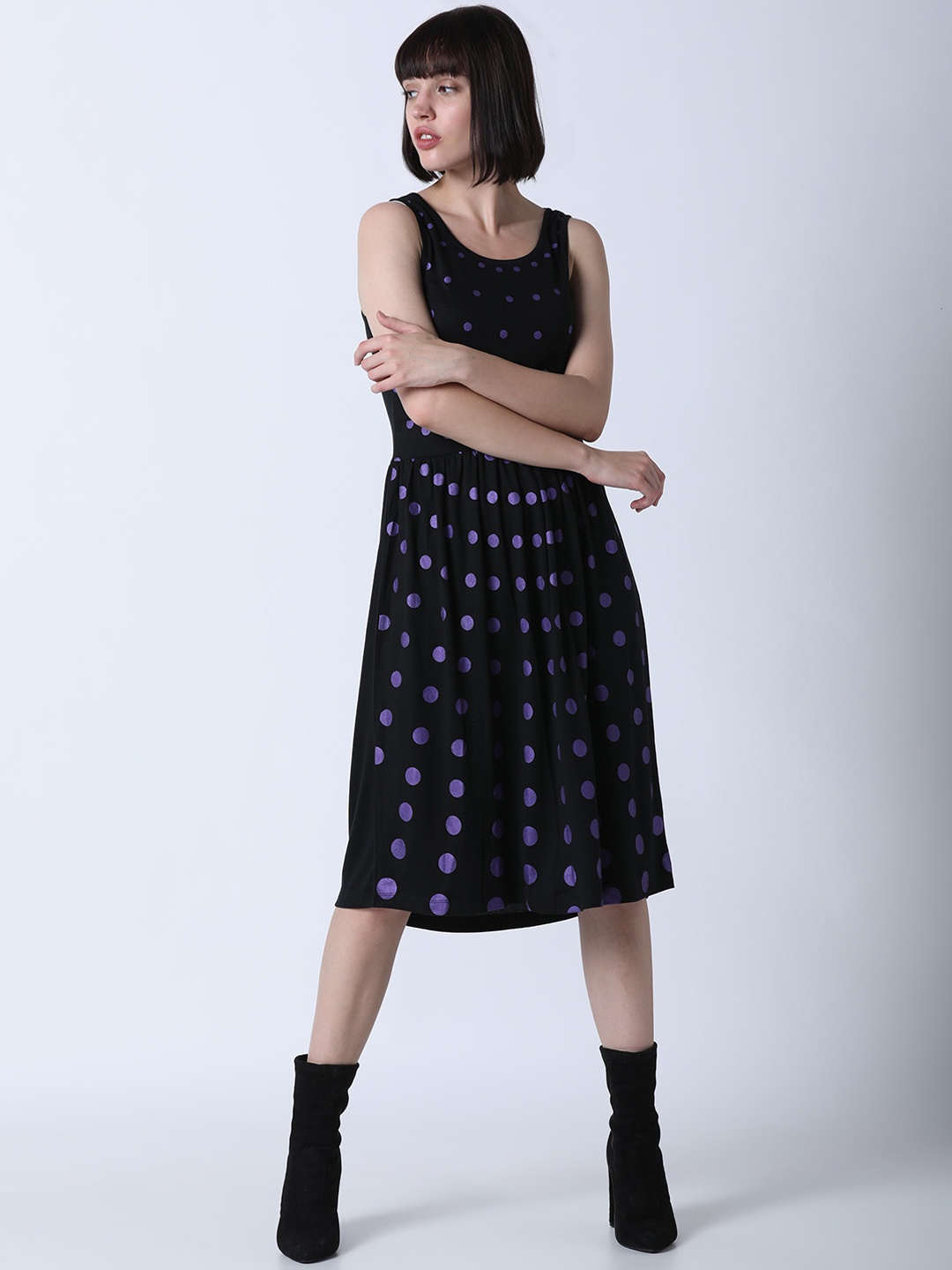 Huetrap Women Black Printed Fit and Flare Dress