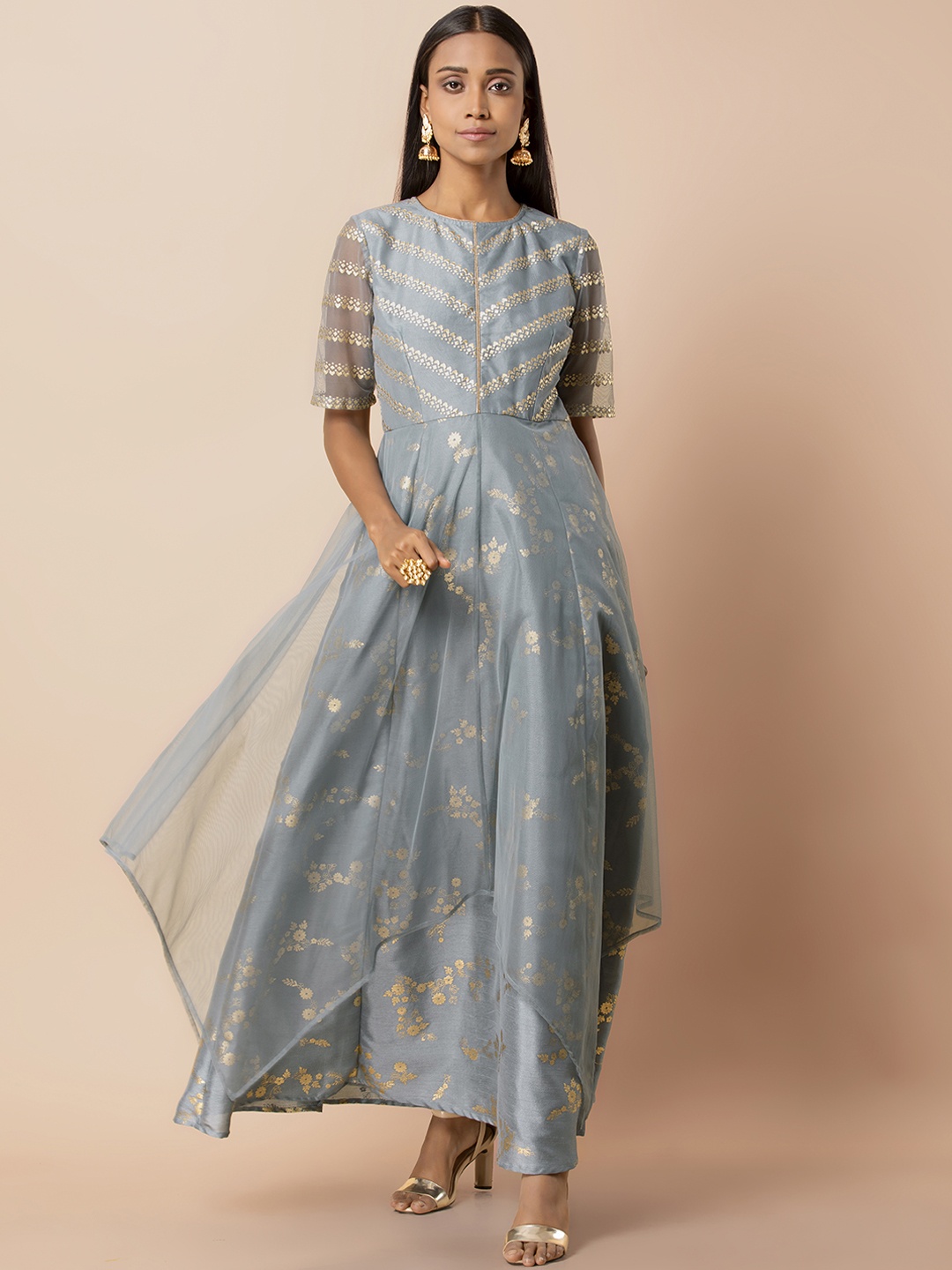 INDYA Women Blue & Golden Floral Print Layered Maxi Dress