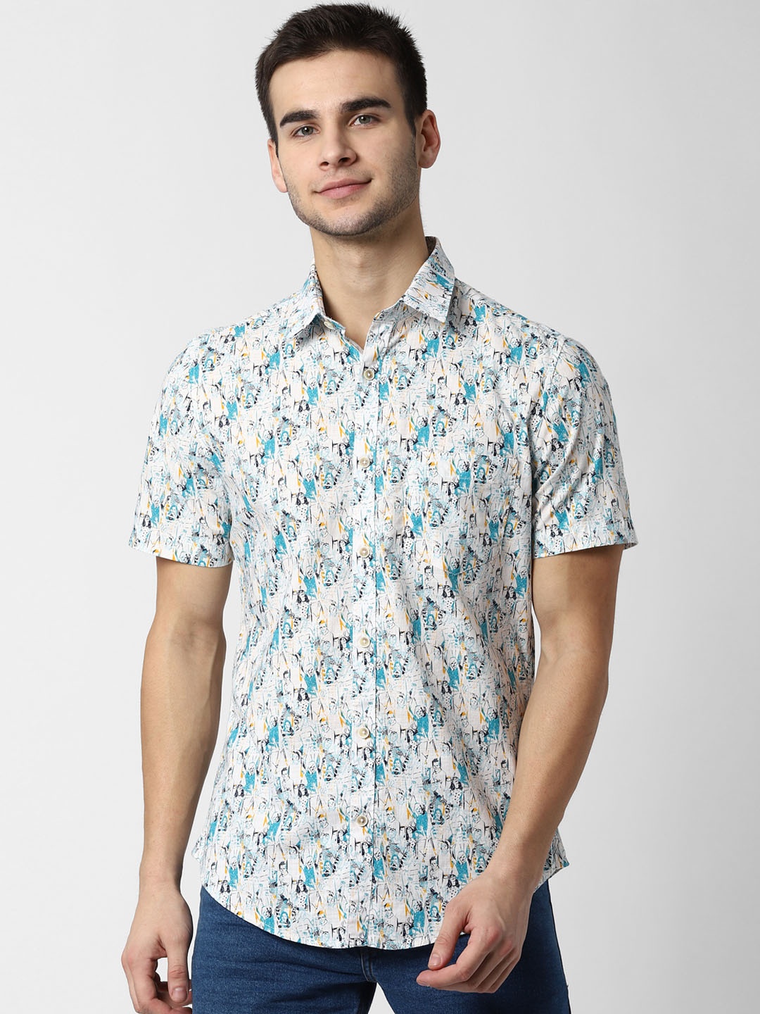 Peter England Casuals Men White & Blue Slim Fit Printed Casual Shirt