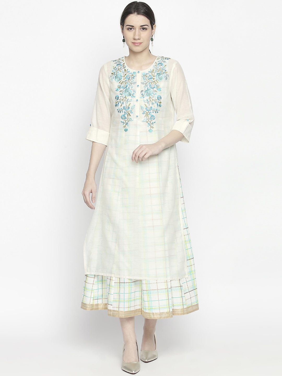 RANGMANCH BY PANTALOONS Women Off-White & Blue Embroidered Fit and Flare Ethnic Dress
RANGMANCH BY PANTALOONS Women Off-White & Blue Embroidered Fit and Flare Ethnic Dress