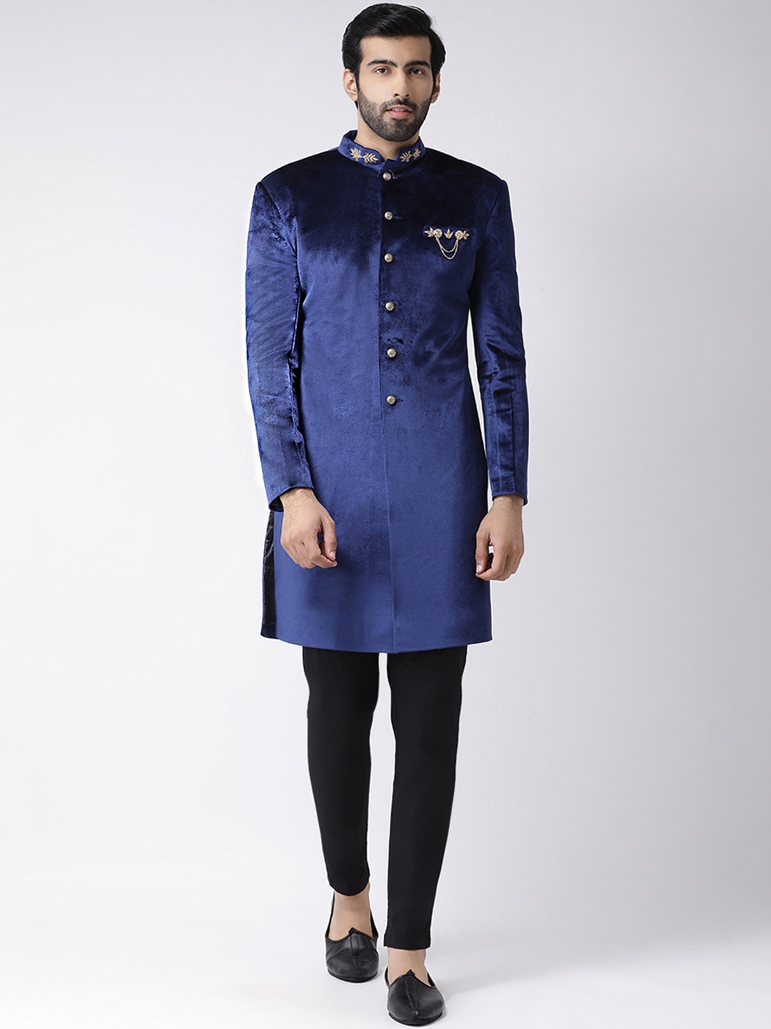 KISAH Men Navy Blue & Black Solid Sherwani With Velvet Finish