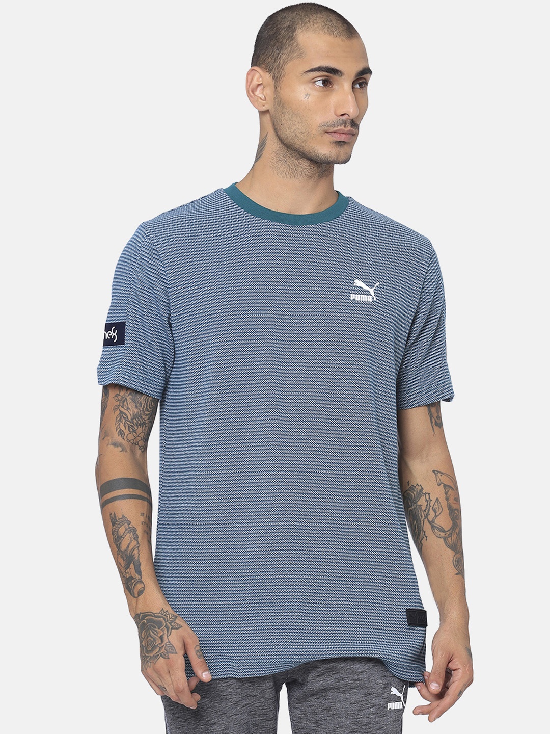 Puma Men Teal Green Striped Round Neck T-shirt
