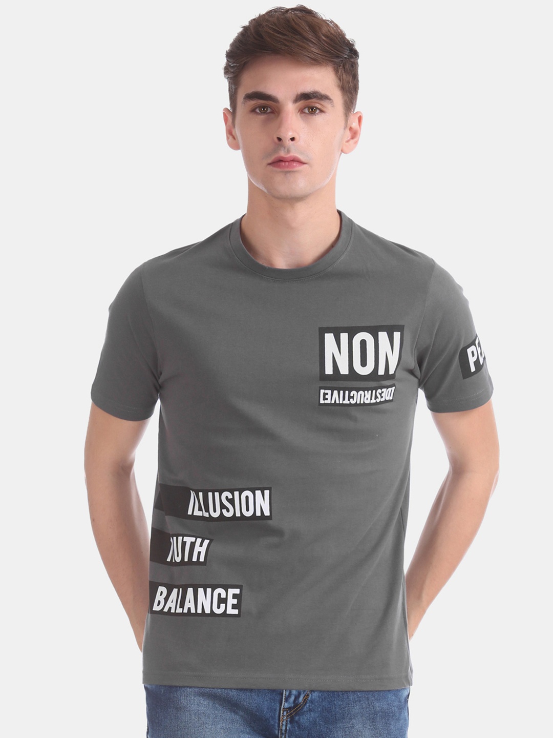 Colt Men Grey Printed Round Neck Pure Cotton T-shirt