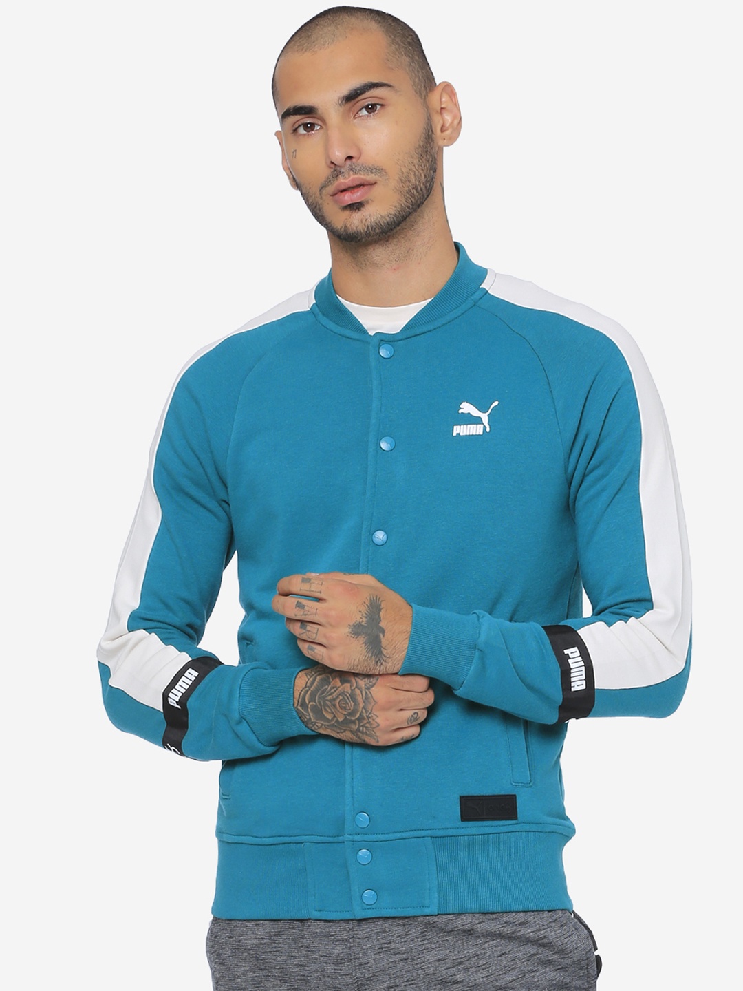 Puma Men Teal Green Printed Sporty Track Jacket