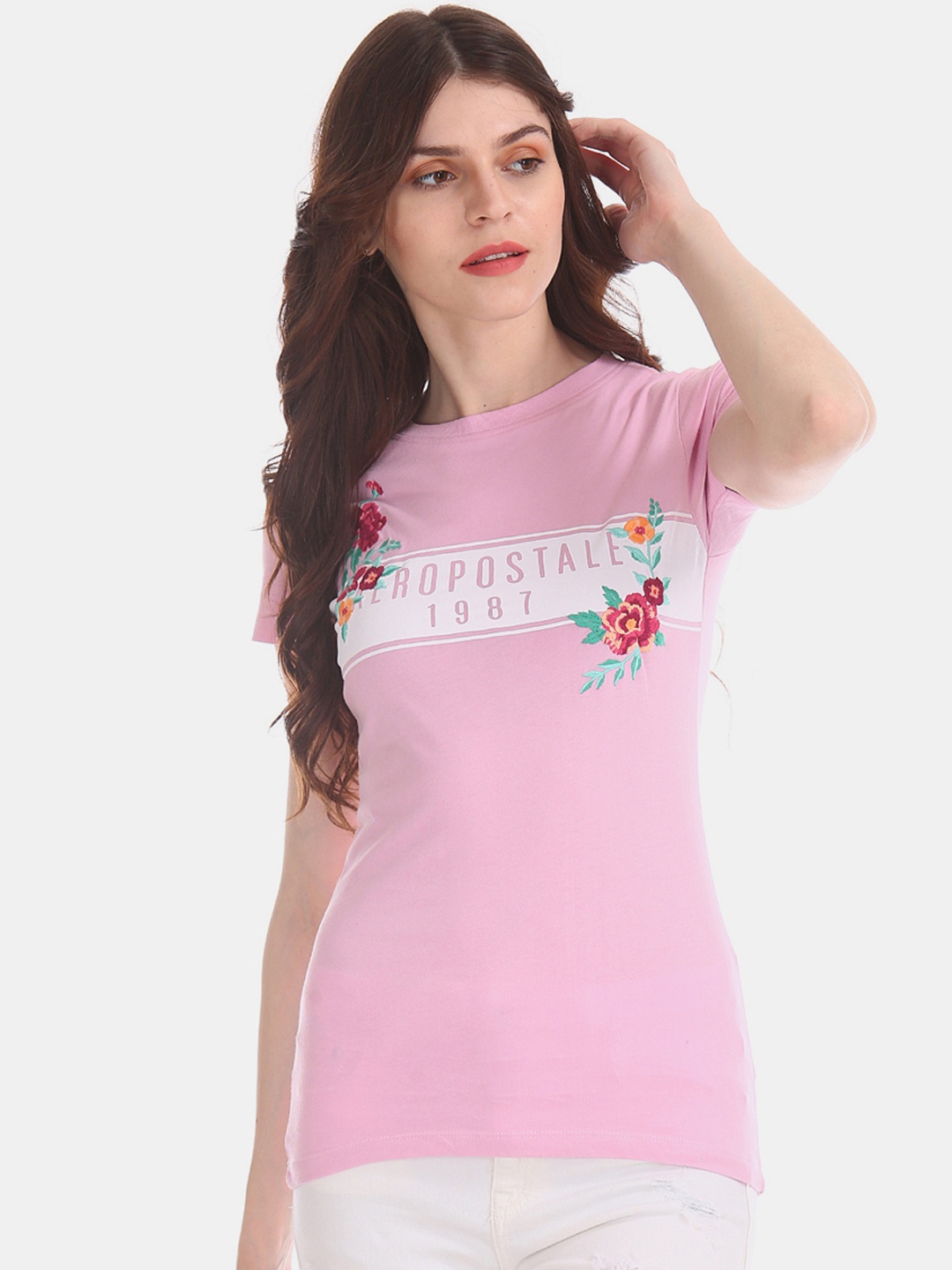 Aeropostale Women Pink Printed Round Neck Pure Cotton T-shirt