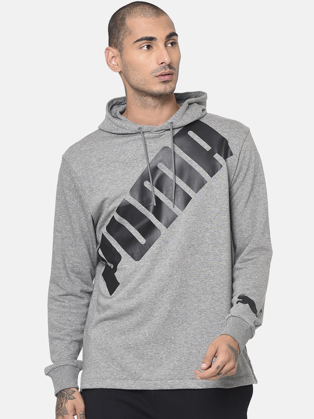Puma Men Grey OS Slant Logo Printed Hooded Sweatshirt
