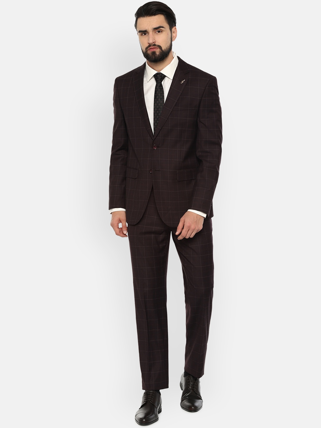 Van Heusen Men Maroon Checked Single-Breasted Slim-Fit Suit