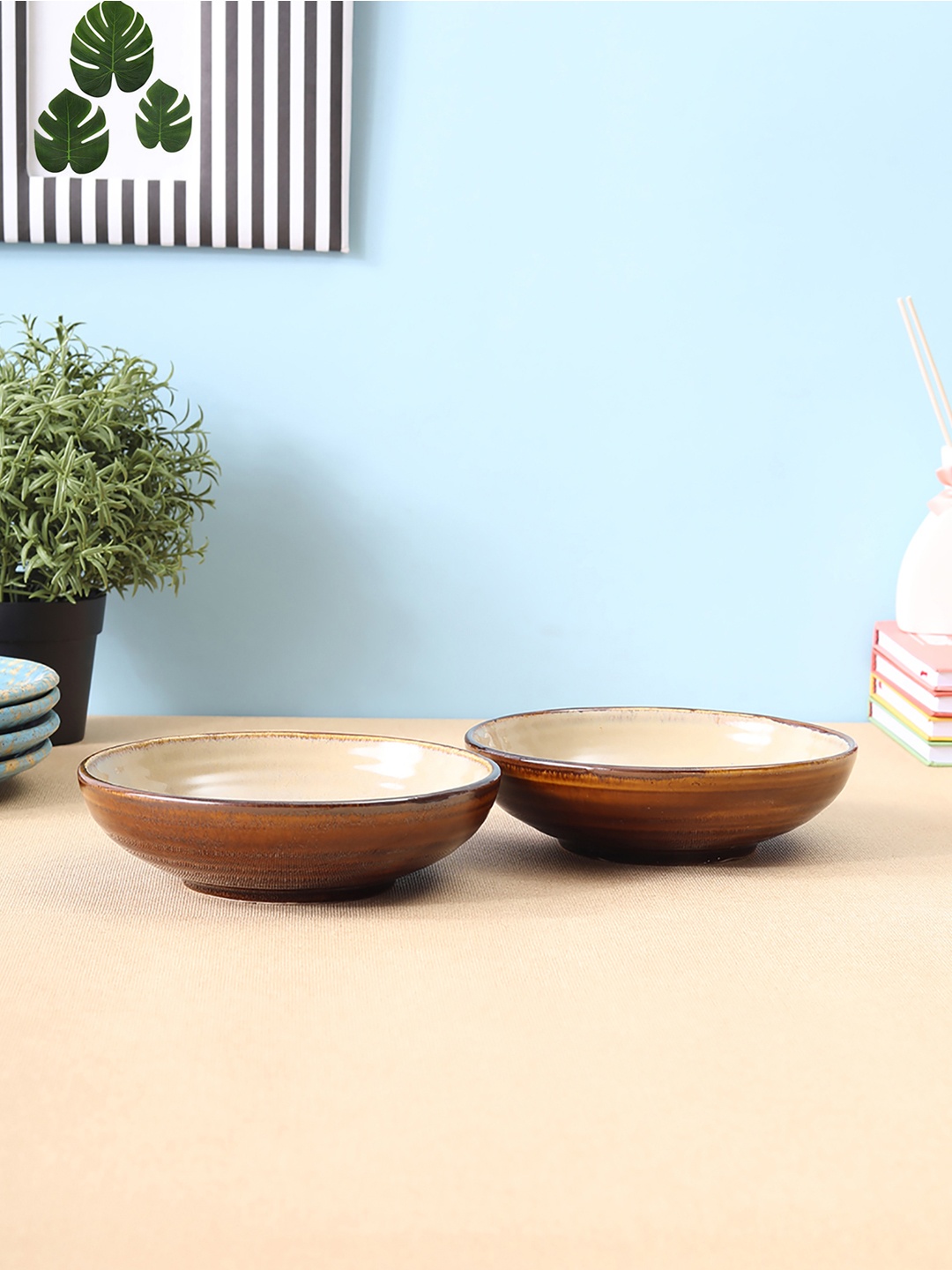VarEesha Set of 2 Brown Dual Toned Ceramic Serving Bowls, Beige