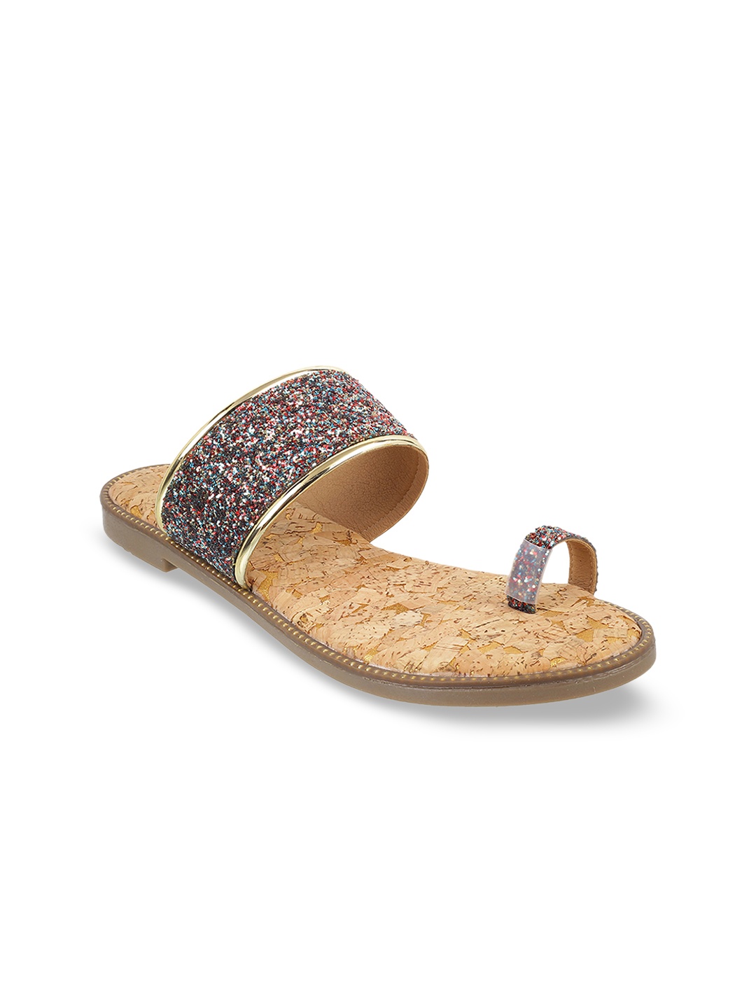 Mochi Women Multicoloured Textured One Toe Flats, Gold