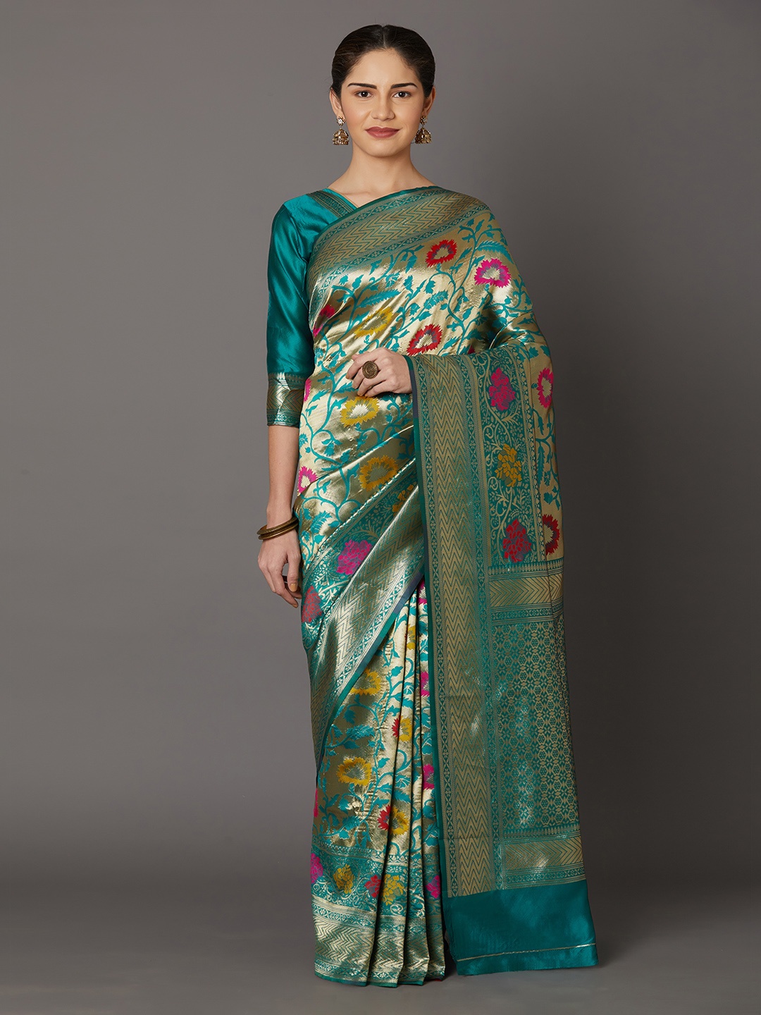 Mitera Turquoise Blue Silk Blend Woven Design Kanjeevaram Saree