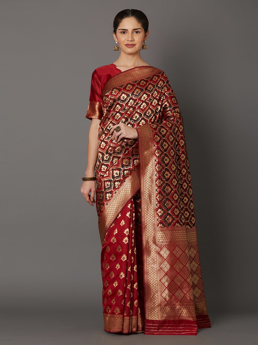 Mitera Red & Gold-Toned Silk Blend Woven Design Kanjeevaram Saree