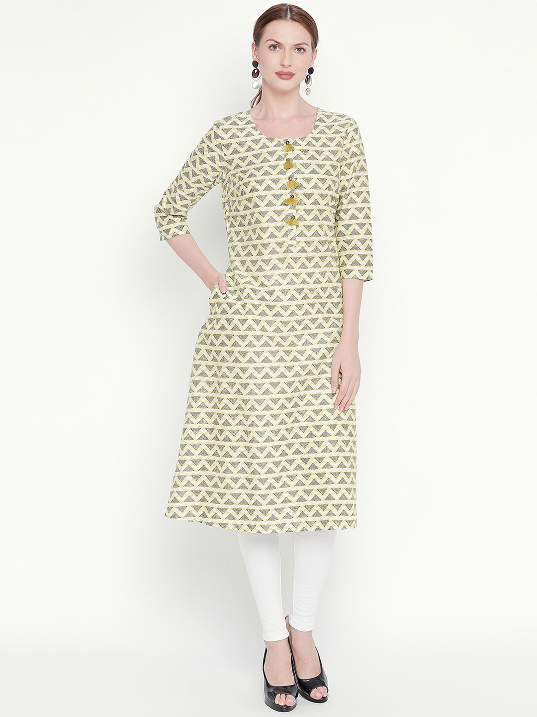 RANGMANCH BY PANTALOONS Women Yellow & Black Printed Straight Kurta