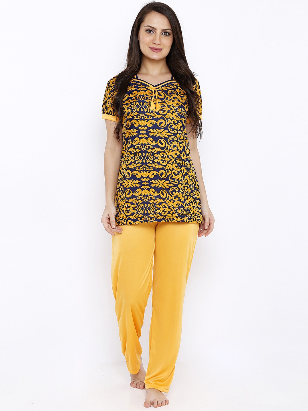 Pretty Awesome Women Mustard & Navy Blue Printed Night suit PTAL561