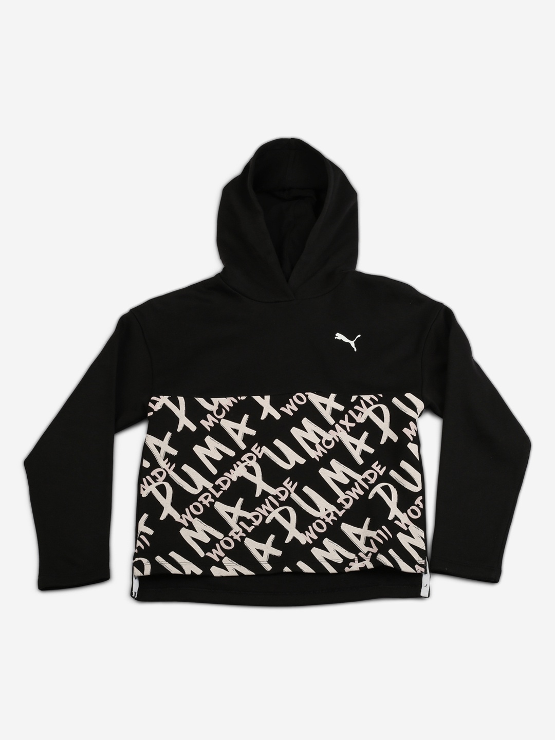 Puma Girls Black & White Printed Hooded Alpha Sweatshirt