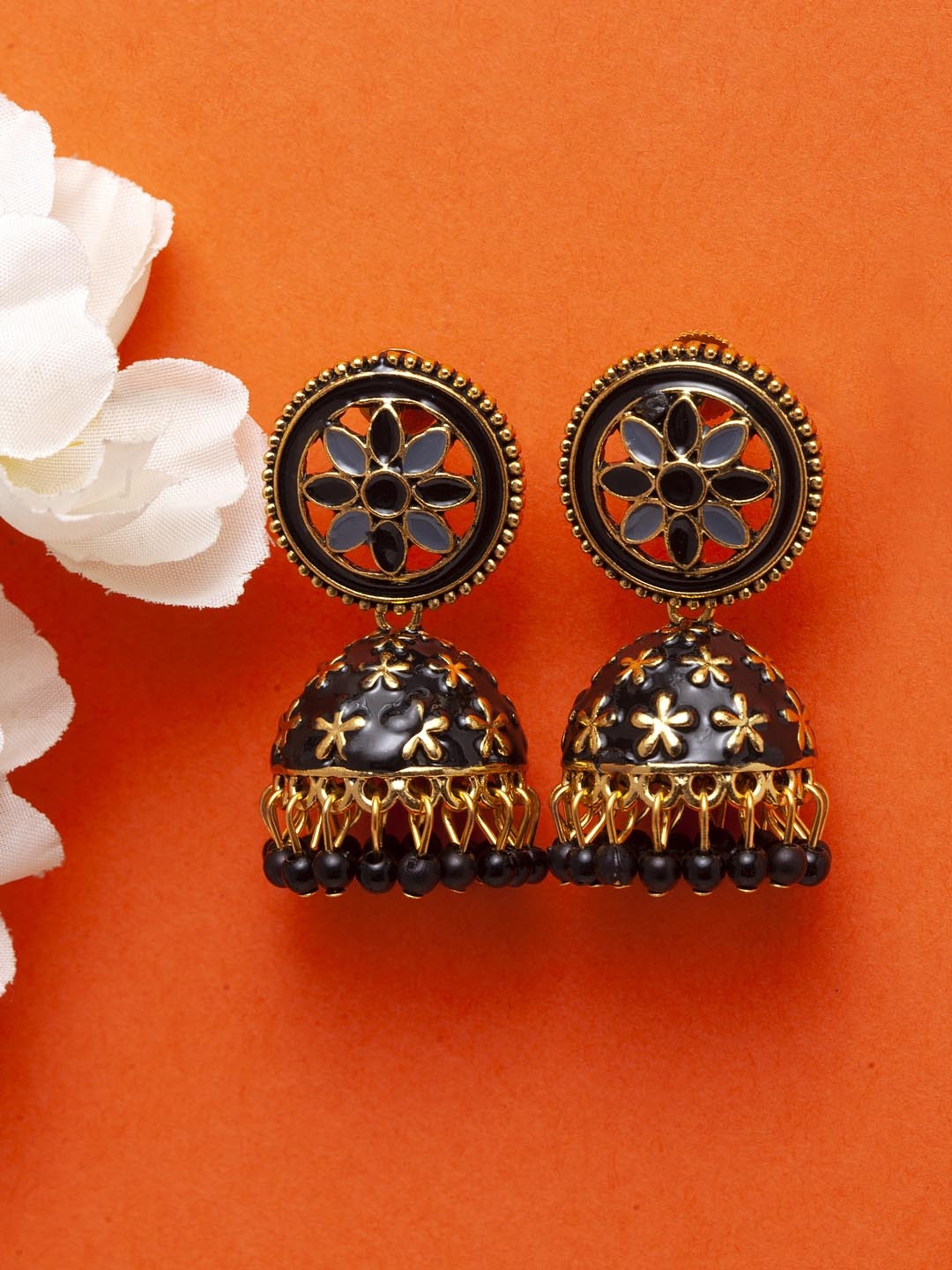 Moedbuille Black & Gold-Toned Handcrafted Meenakari Dome Shaped Jhumkas