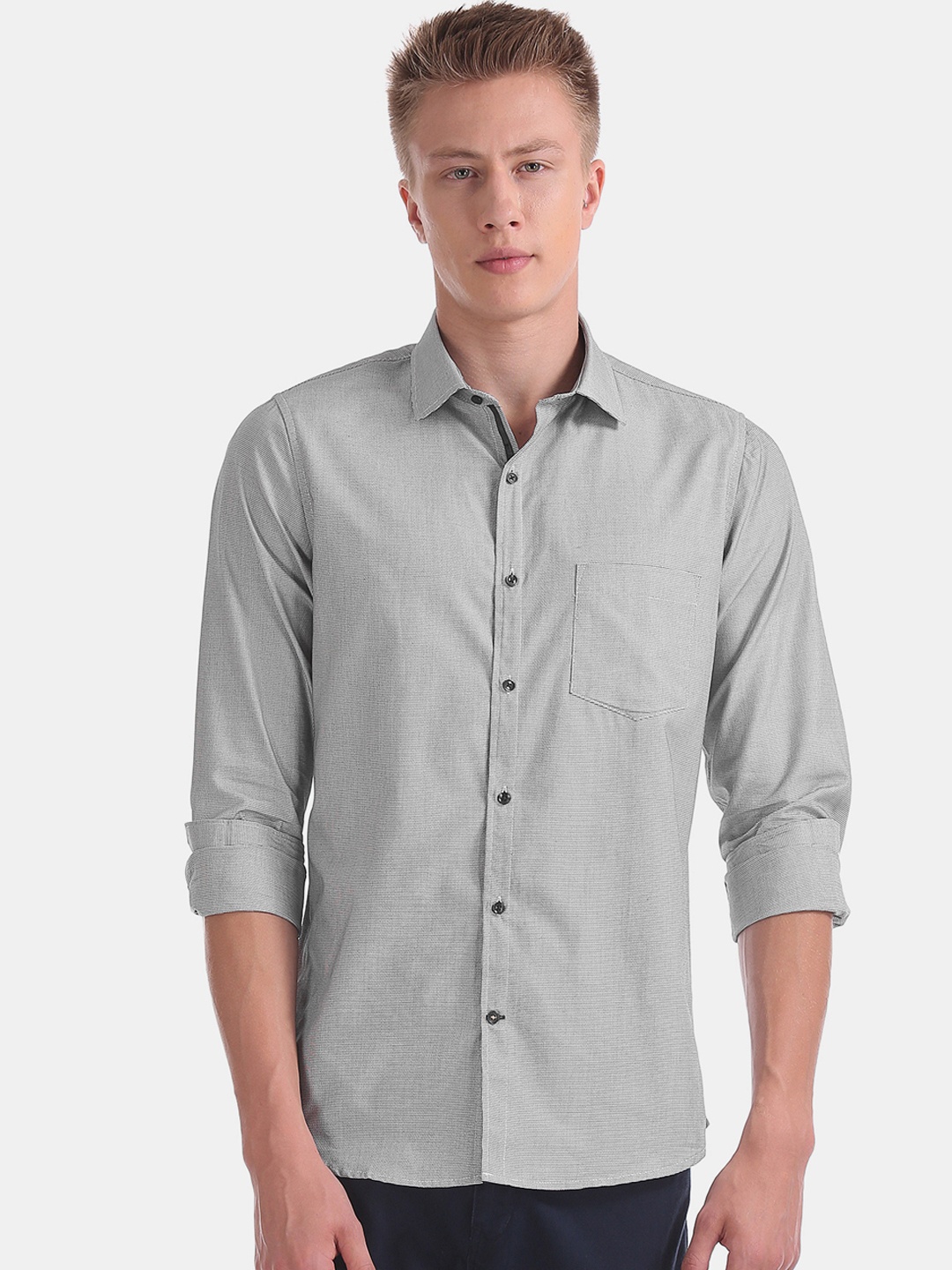 Excalibur Men Black & Grey Slim Fit Solid Formal Shirt