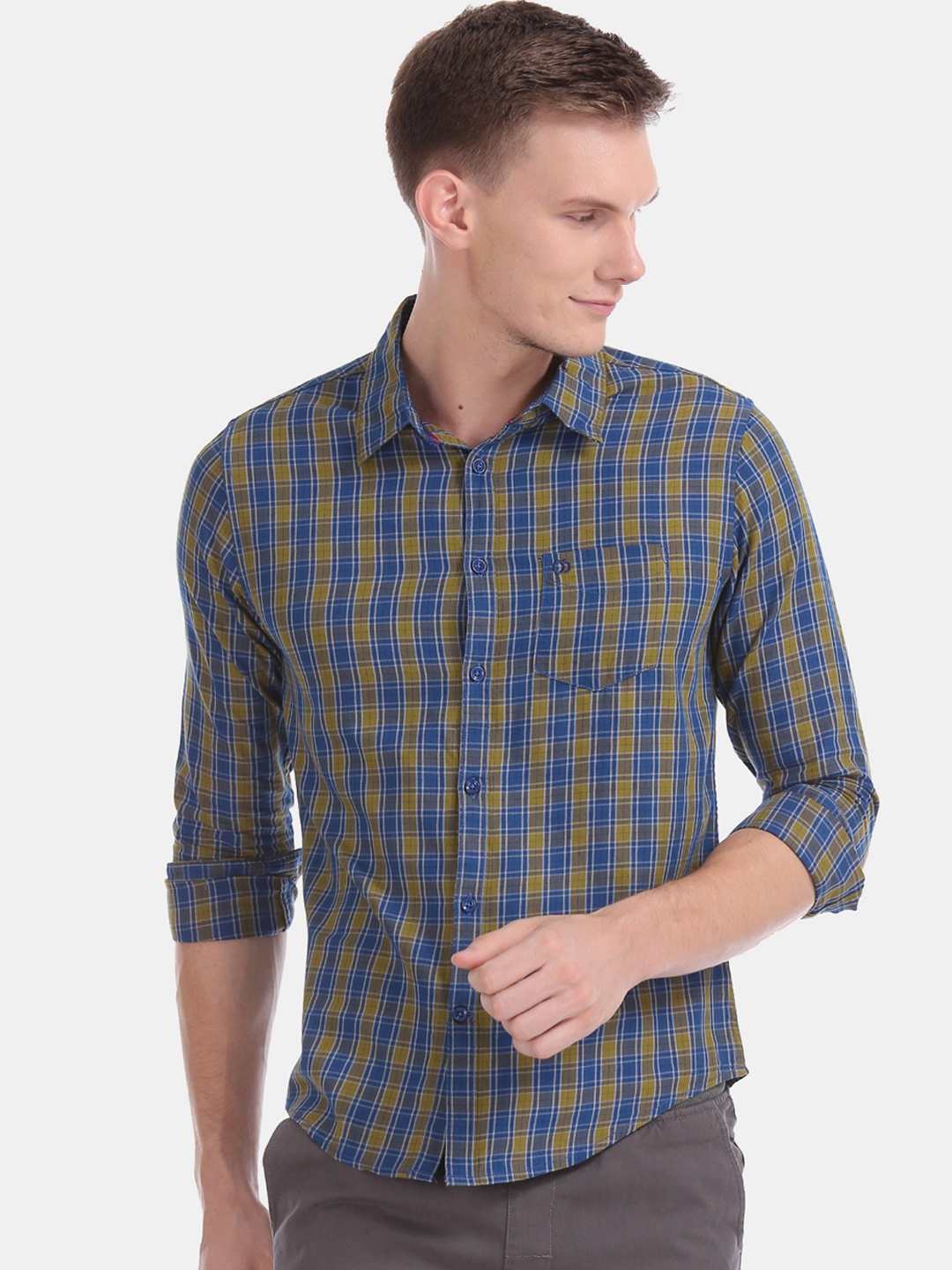 Ruggers Men Green & Blue Slim Fit Checked Casual Shirt