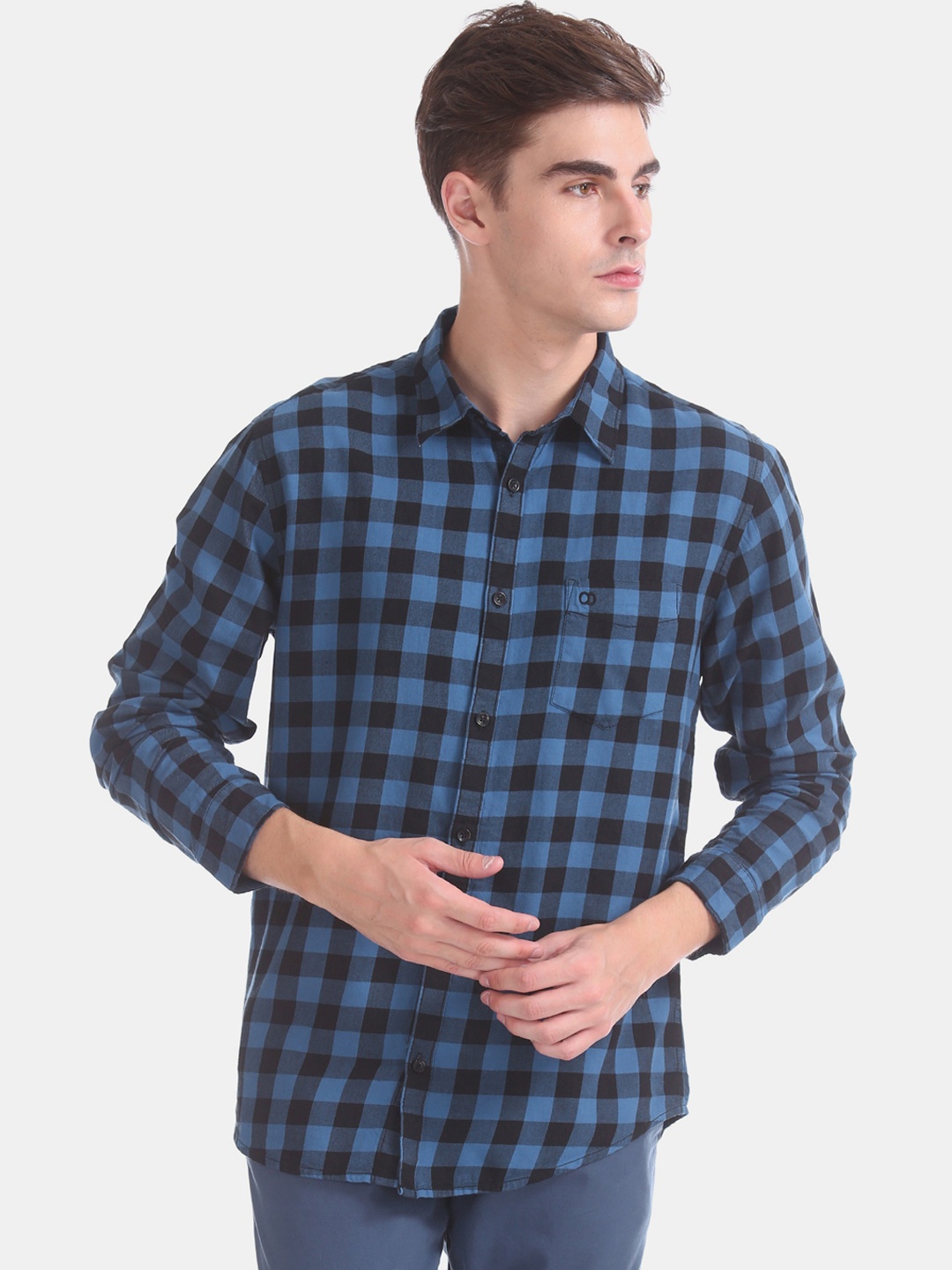 Ruggers Men Blue Slim Fit Checked Casual Shirt