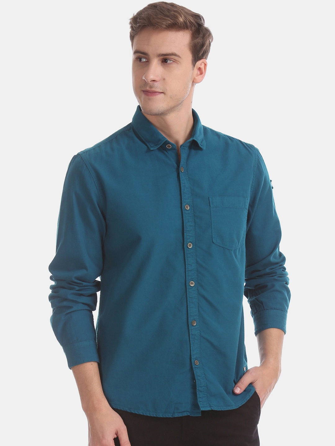 Cherokee Men Teal Blue Regular Fit Solid Casual Shirt