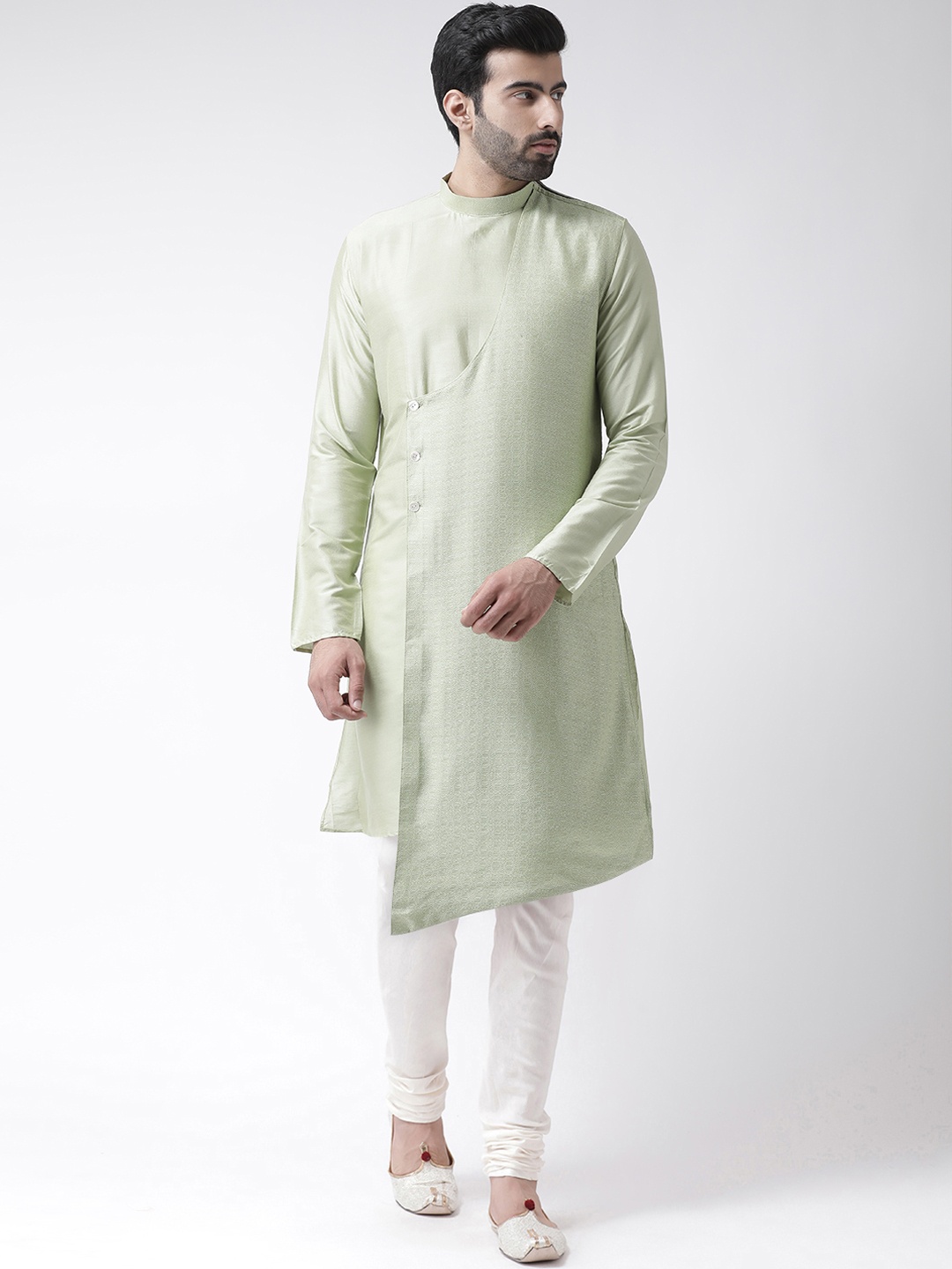 KISAH Men Green & White Self Design Kurta with Churidar