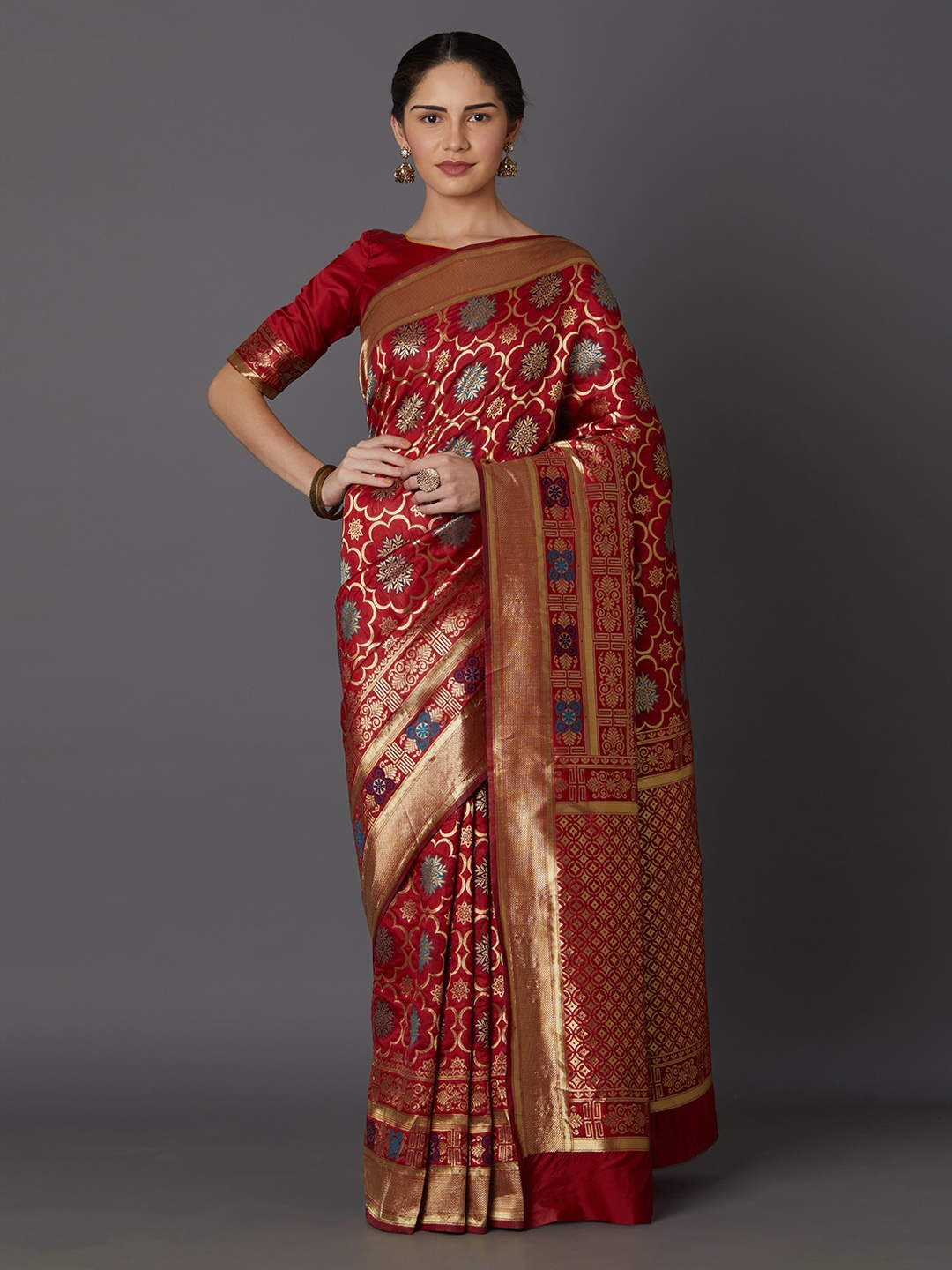 Mitera Red & Gold-Toned Silk Blend Woven Design Kanjeevaram Saree