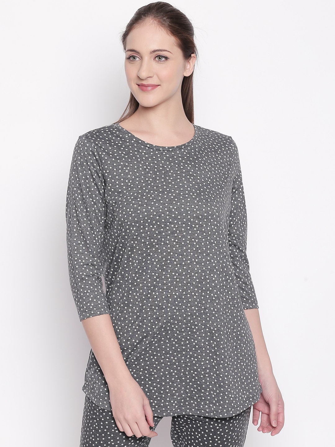 Dreamz by Pantaloons Women Grey Melange Printed Lounge T-shirt