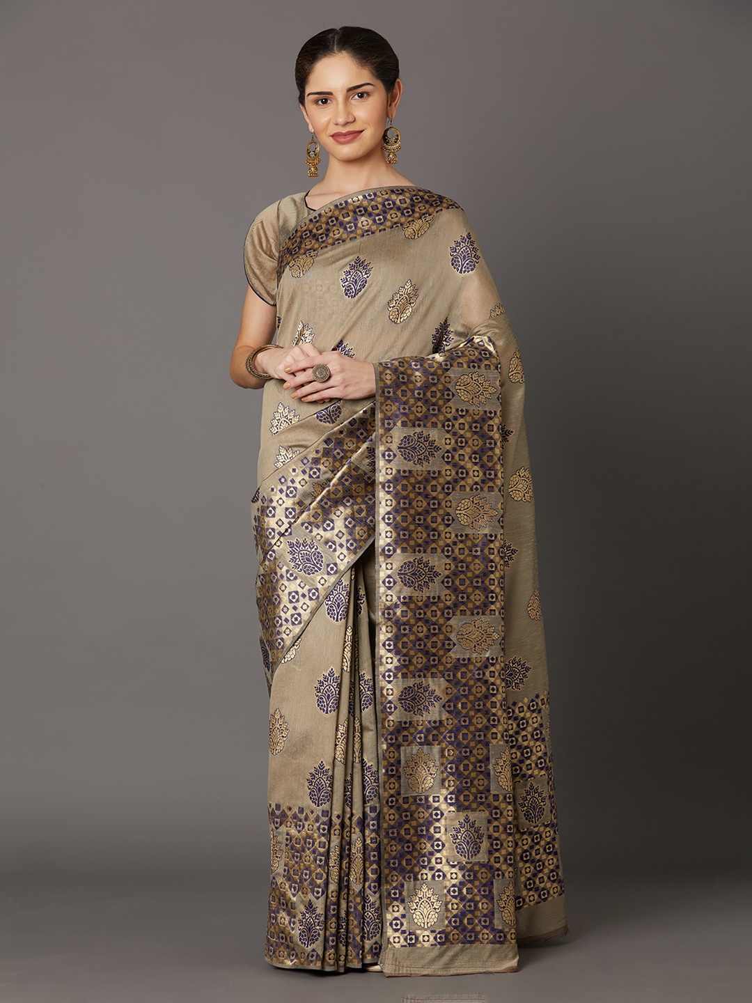 Mitera Beige & Navy Blue Silk Blend Woven Design Kanjeevaram Saree