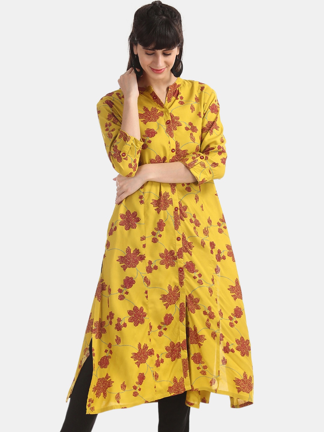 Karigari Women Yellow & Red Printed Straight Kurta
