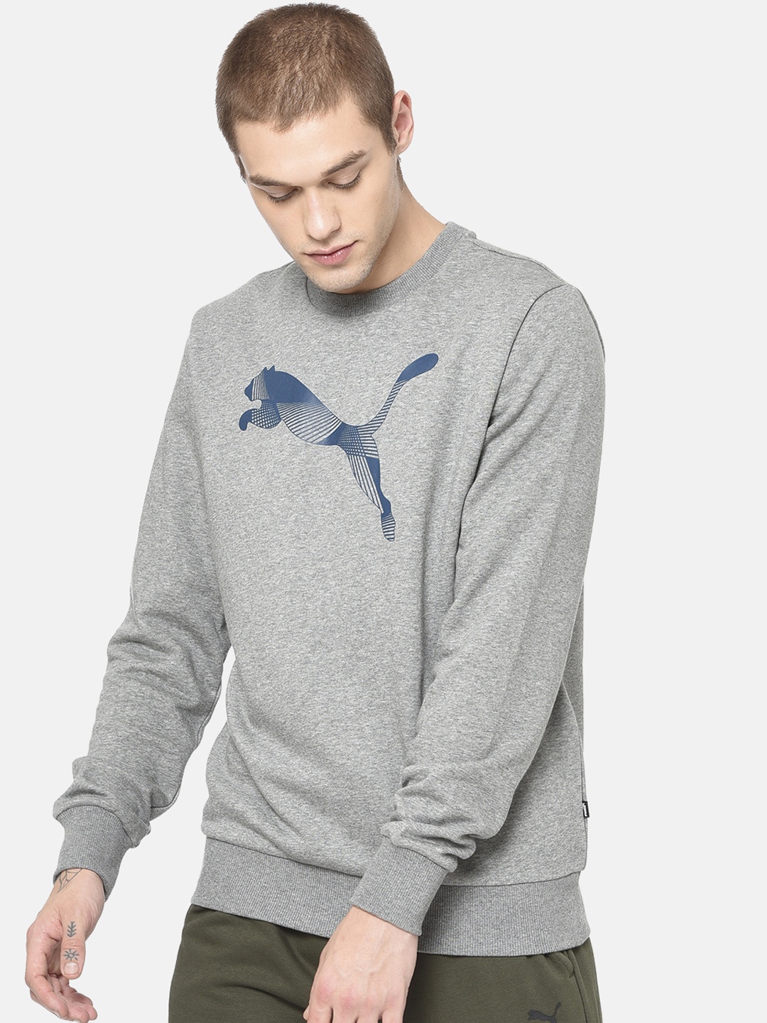 Puma Men Grey Melange Graphic Crew Printed Sweatshirt
