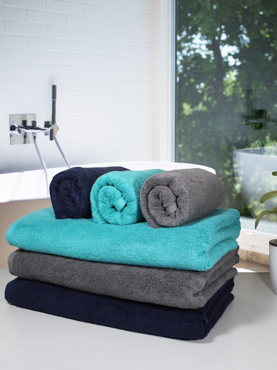 Heelium Set of 6 Solid 600GSM Quick Absorbent Hand & Bath Bamboo Cotton Towels, Blue