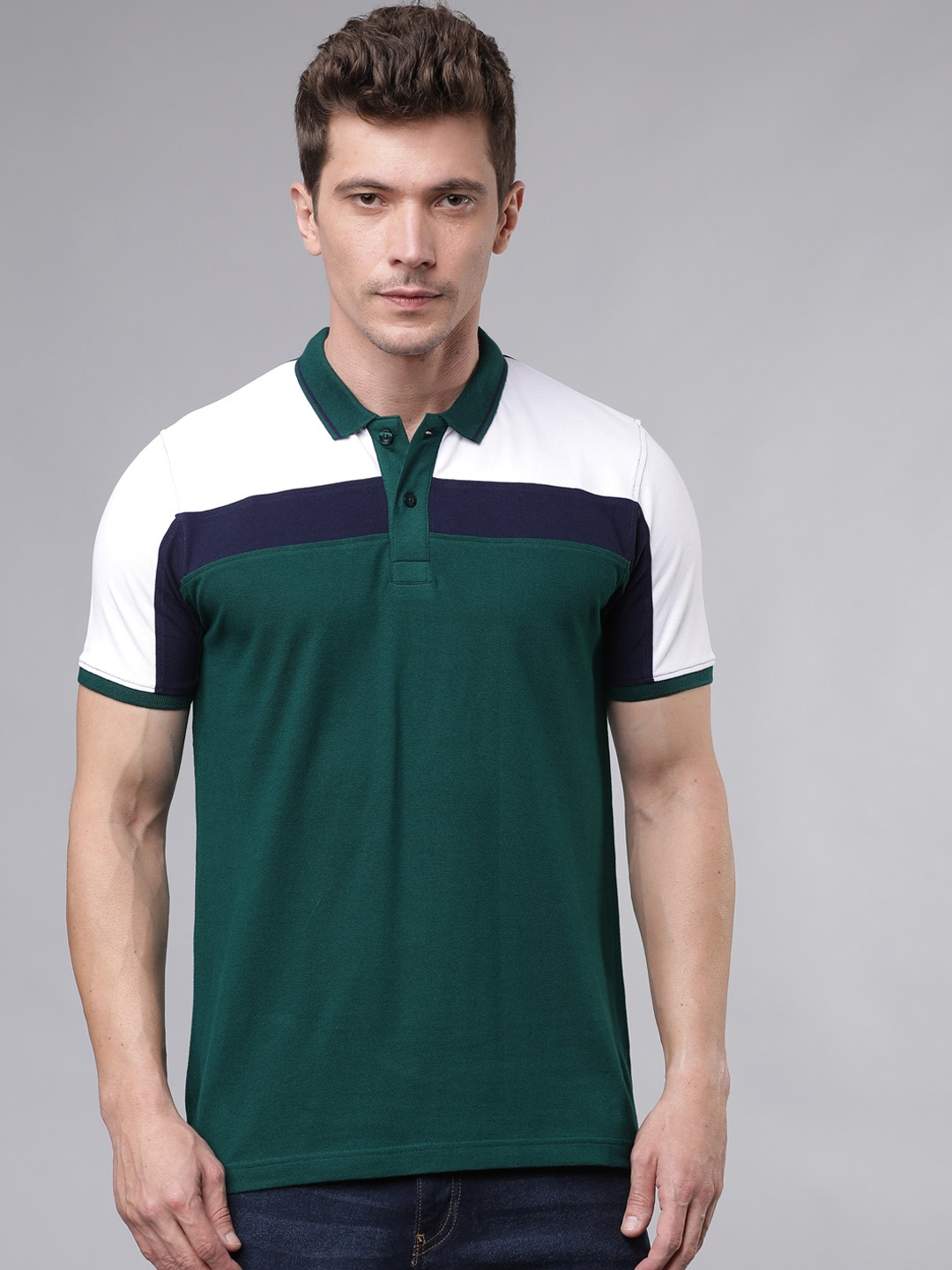 LOCOMOTIVE Men Olive Green White Colourblocked Polo Pure Cotton T-shirt