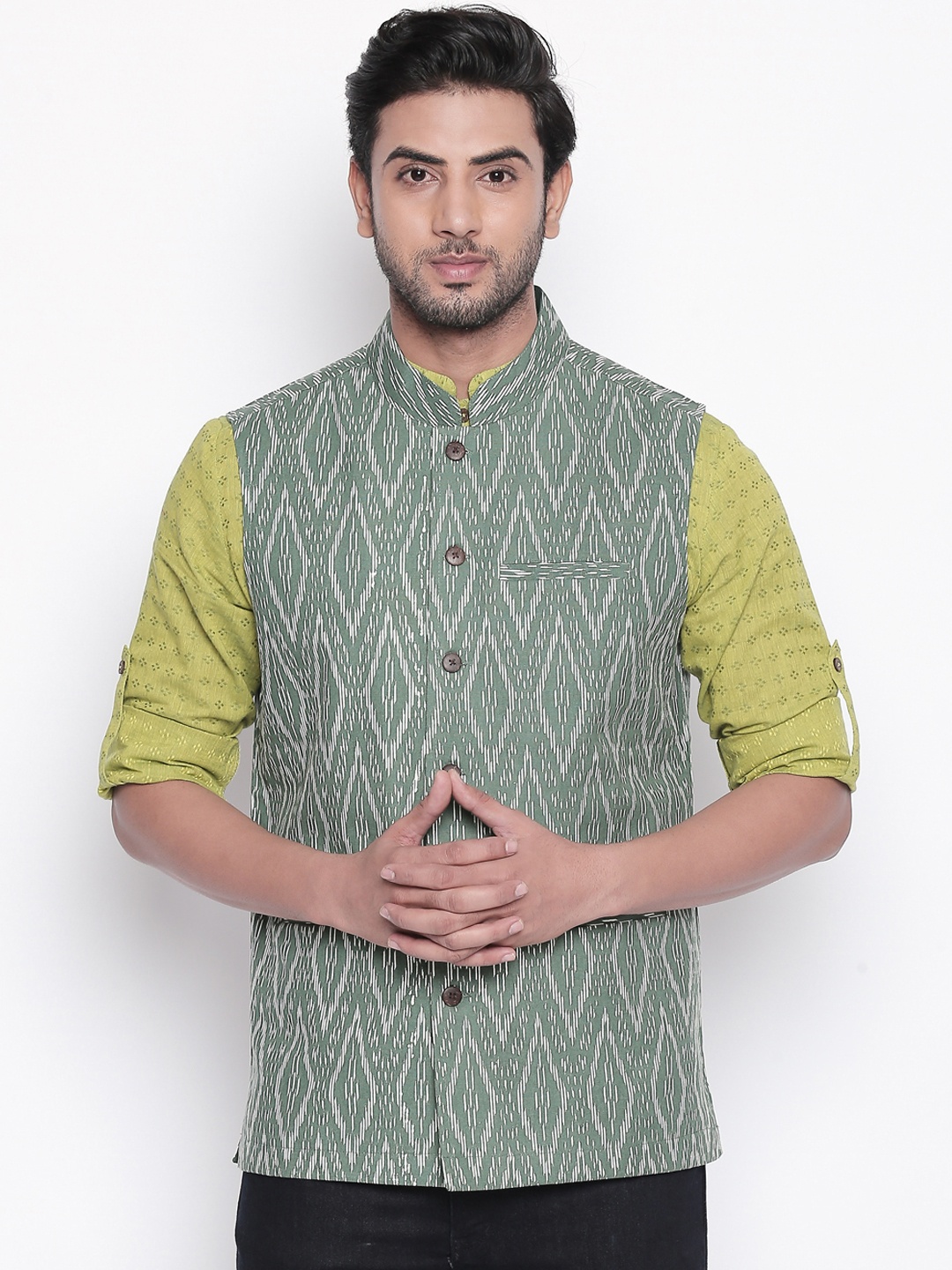 indus route by Pantaloons Men Olive Green & White Printed Pure Cotton Nehru Jacket