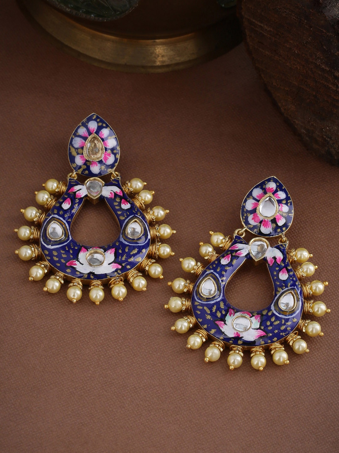 Tistabene Gold-Plated Crescent Shaped Meenkari Chandbalis, Blue