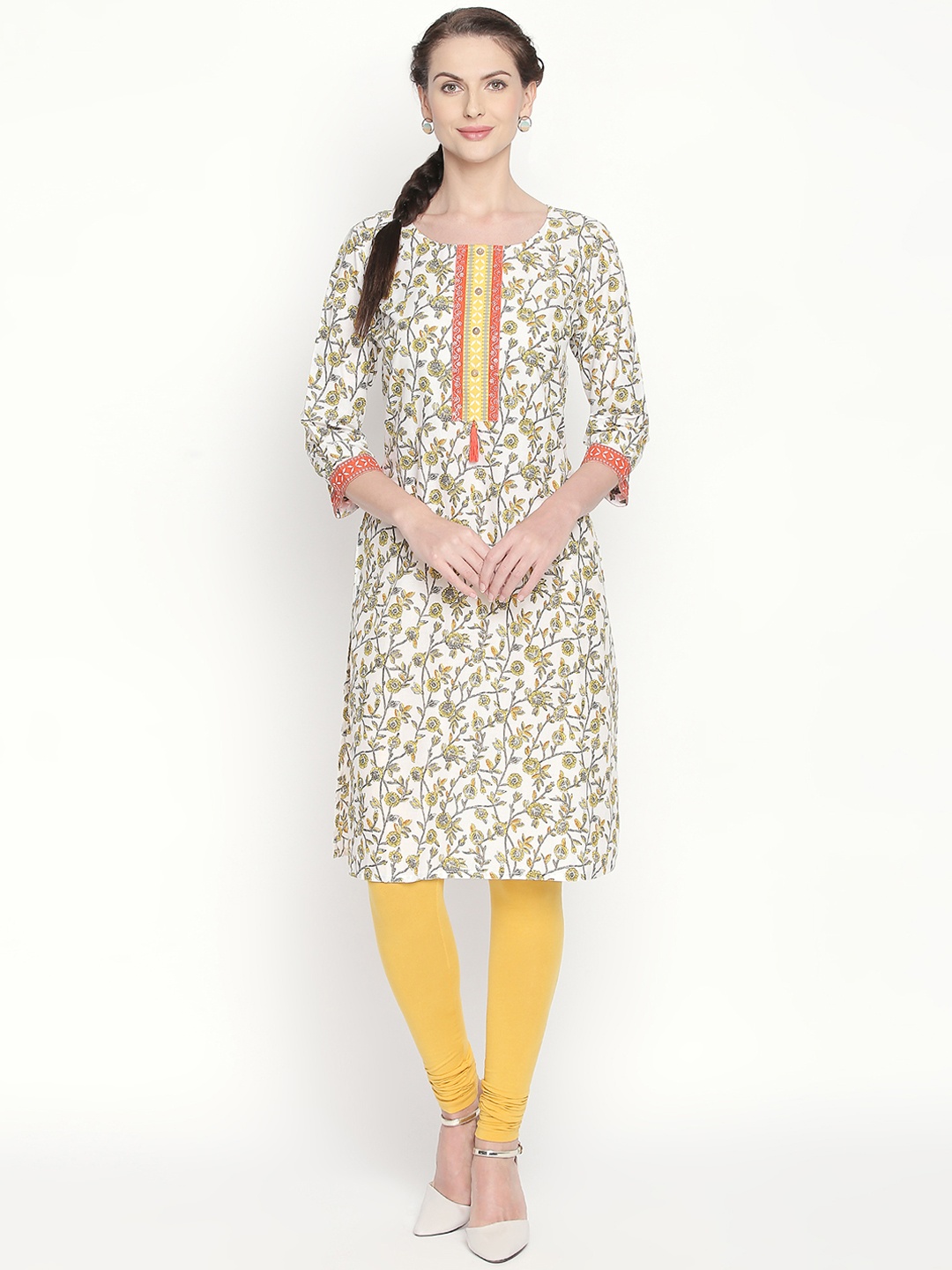RANGMANCH BY PANTALOONS Women Off-White & Yellow Printed Straight Kurta