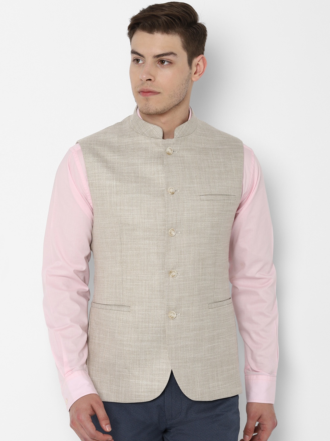 Allen Solly Men Beige Woven Design Nehru Jacket