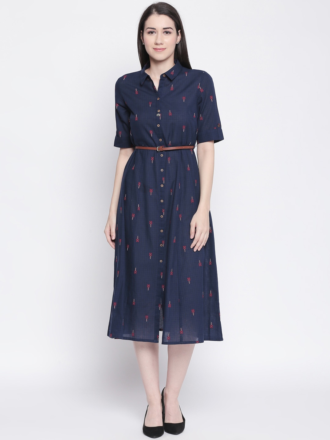 AKKRITI BY PANTALOONS Women Navy Blue Checked Shirt Dress