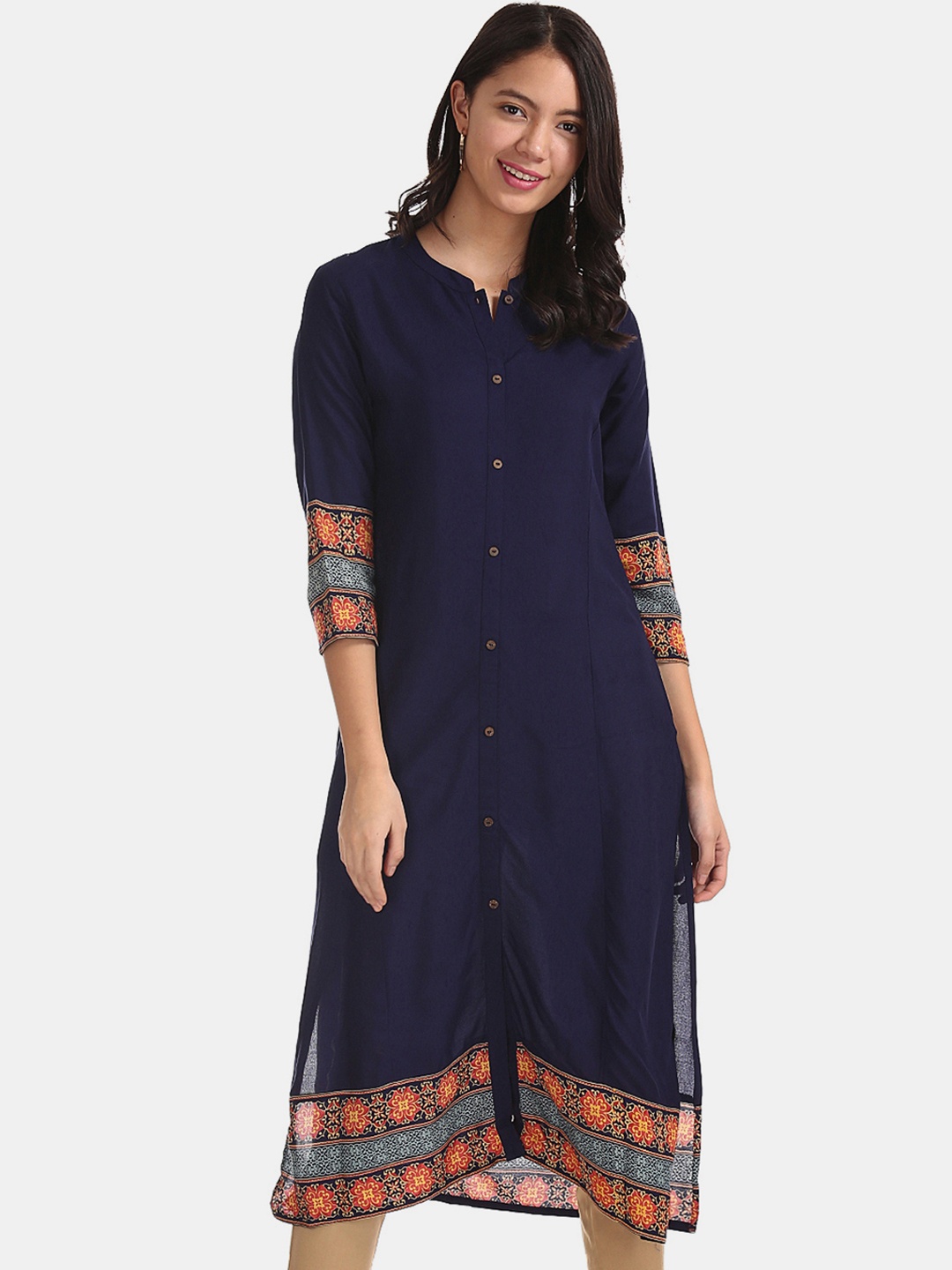 Karigari Women Blue & Orange Printed Straight Kurta