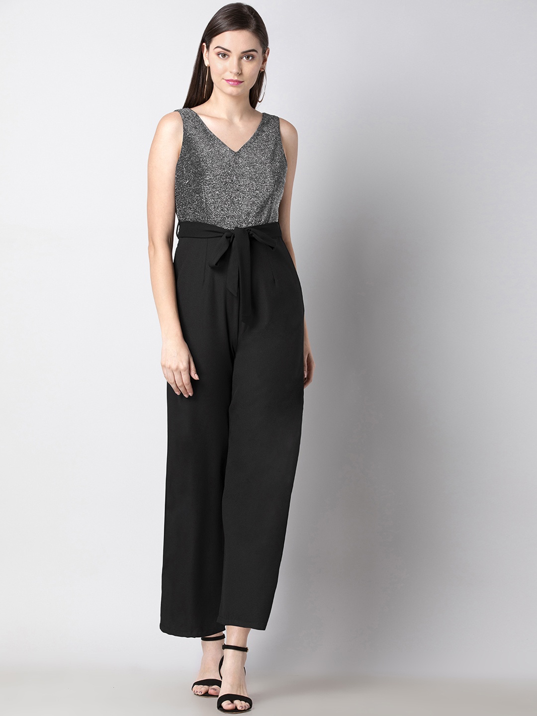 FabAlley Women Silver-Toned & Black Solid Basic Jumpsuit